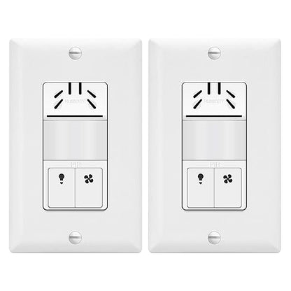 TOPGREENER Dual Tech Humidity Sensor Switch, Infrared PIR Motion & Air Moisture Detection, Bathroom Fan & Light Control, Adjustable Timing, Neutral Wire Required, UL Listed, TDHOS5-2PCS, White 2 Pack