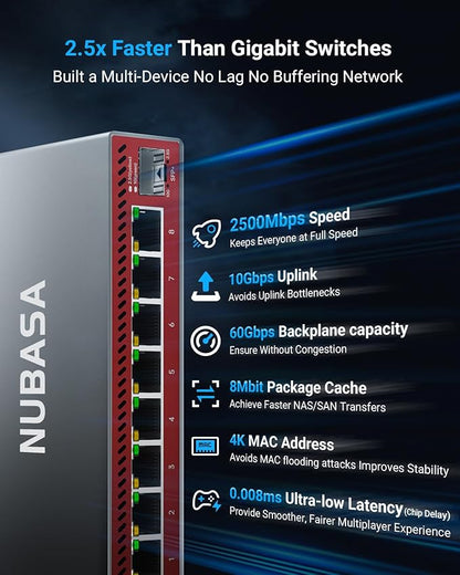 NUBASA 8-Port 2.5Gb Switch with 10Gb SFP+ Port, Unmanaged Multigig Ethernet Splitter for NAS, Gaming, PC - Plug & Play, Silent Aluminum Housing, 2.5 Gigabit Network Switch