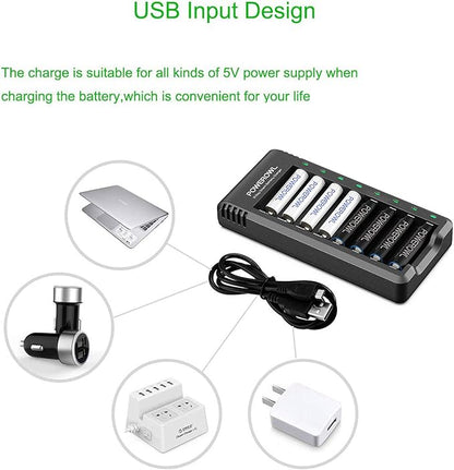 POWEROWL Rechargeable AA Batteries with Charger, 8 Pack of 2800mAh High Capacity Low Self Discharge Ni-MH Double A Batteries with Smart 8 Bay Battery Charger (USB Fast Charging, Independent Slot)