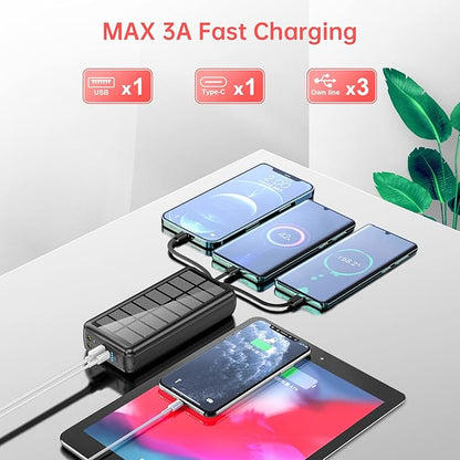 boogostore Portable Charger with Built in Cable and Wall Plug 50000mAh PD30W Fast Charging Solar Power Bank with 5 Output & 2 Input Dual LED Flashlights Phone Holder External Battery Pack (Black)