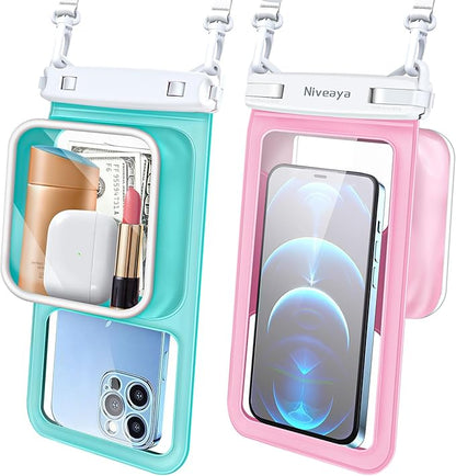 Niveaya [Floatable Floating Waterproof Phone Pouch 2 Pack-Up to 8.5", Large Space Adjustable Neck Lanyard Waterproof Phone Case, Phone Dry Bags for Vacation Beach Pool Kayak Cruise Travel Essentials