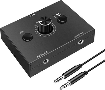 3.5mm Audio Switcher - 2 Input 1 Output / 1 Input 2 Output Audio Splitter, One-Key Mute Button, No External Power Required