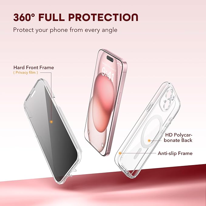 Magnetic for iPhone 15 Plus Case, Compatible with MagSafe, Built-in Privacy Screen Protector and Camera Protection, Anti Spy Full Body Dustproof Shockproof Hard Phone Case 6.7", Clear