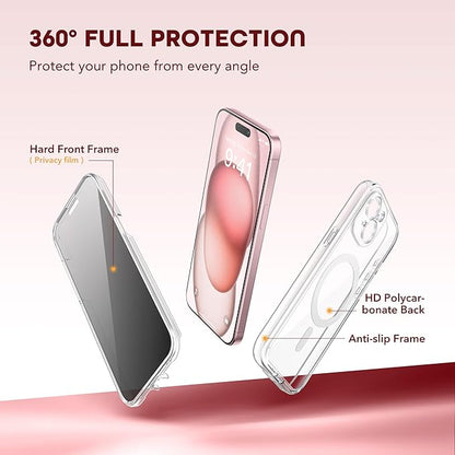 Magnetic for iPhone 15 Plus Case, Compatible with MagSafe, Built-in Privacy Screen Protector and Camera Protection, Anti Spy Full Body Dustproof Shockproof Hard Phone Case 6.7", Clear