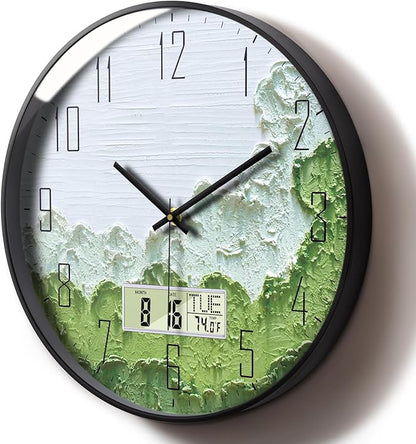 SCOAGE Modern Wall Clock with Temperature Green Forest Large Display Non-Ticking Battery Operated Clock with Date and Week for Kitchen Bedroom Living Room Farmhouse Decor 12 Inch