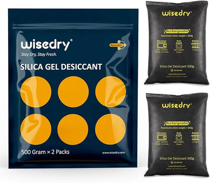 wisedry 2 x 500 Gram [2.2 lbs] Rechargeable Silica Gel Car Dehumidifier, Microwave Fast Reactivated Desiccant Packets Large for Gun Safe Closet Basement Garage Storage Moisture Absorber Bag Reusable