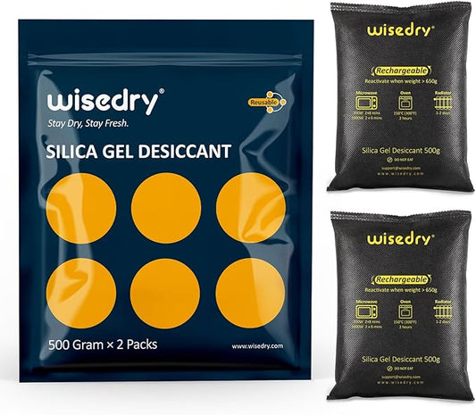 wisedry 2 x 500 Gram [2.2 lbs] Rechargeable Silica Gel Car Dehumidifier, Microwave Fast Reactivated Desiccant Packets Large for Gun Safe Closet Basement Garage Storage Moisture Absorber Bag Reusable