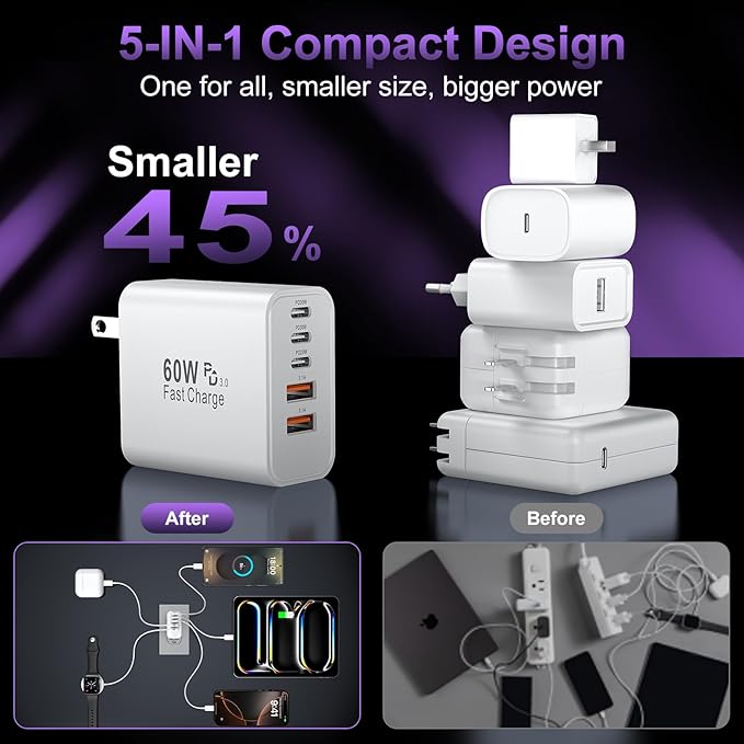 USB C Fast Wall Charger Block, 2Pack 60W USBC Charging Cubes, 5-Port PD+QC Power Adapter Multiport Brick Type C Box Plug for Phone 16/15/14/13/12/11/Pro Max/Plus, Pad Mini/Pro/S25/S24-White+Black