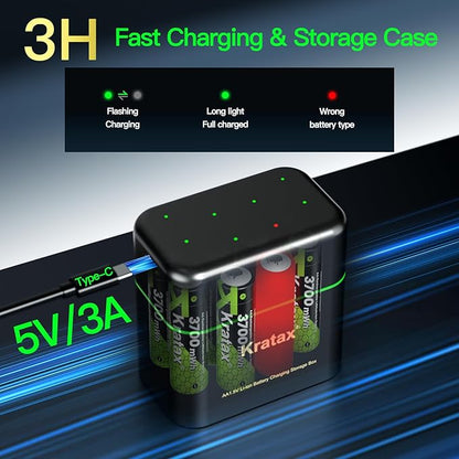 Kratax 12 Count 3700mWh AA Rechargeable Lithium Batteries with Battery Charger, High Capacity Double A li-ion Batteries 1.5v, Long Lasting, Charging Storage Box with AA Lithium Battery Rechargeable