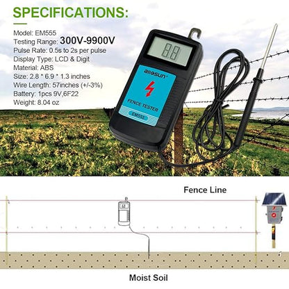 allsun Digital Electric Fence Voltage Tester and Fault Farm Finder, Fence Voltmeter/Grounding Tester LCD Display for 300V to 9.9kV Pulse, Fence Voltage Indicator Checker Farm Gardening Tool