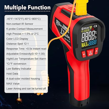Infrared Thermometer Temperature Gun, TEMIRUP Digital IR Laser Thermometer -40°F~1472℉,K-Type Probe -40°F~1202°F, IR Temp Gun for Cooking, Pizza Ovens, Griddles, Meat, HVAC, Home & Industrial