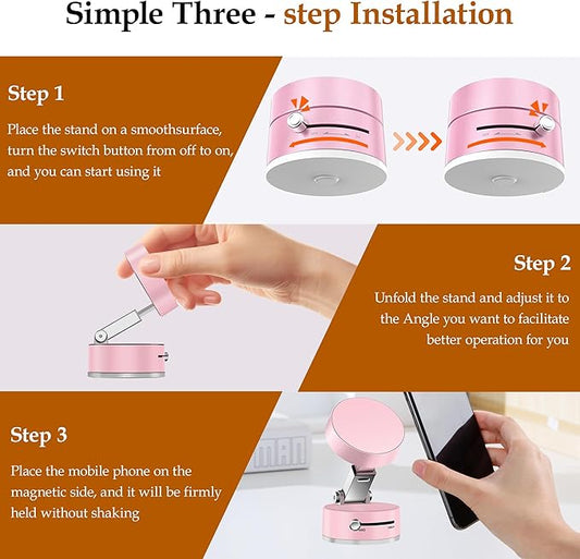 Foldable Vacuum Magnetic Suction Phone Holder,Retractable Magnetic Car Holder,Hands-Free Portable Multifunctional Vacuum Suction Phone Mount for Car, Mirror, Gym, Kitchen (Pink)