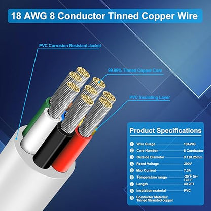18 Gauge 8 Conductor Electrical Wire, 49.2FT Low Voltage 18/8 Tinned Copper Stranded 8 Wire Cable, 18 AWG White Flexible Extension Power Cord for Sprinkler, Thermostat, Speaker, Irrigation, Automotive