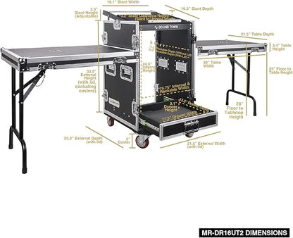 Sound Town 16U PA DJ Pro Audio Rack/Road ATA Case with 2U Drawer, 11U Slant Mixer Top, Two DJ Work Tables, Casters, Pro Tour Grade (MR-DR16UT2)
