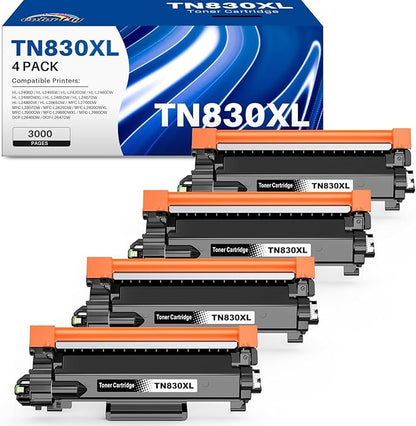 Compatible TN830XL Black Toner 4 Pack Replacement for Brother TN830XL TN-830 TN830 XL High Yield Toner Cartridge Use for HL-L2460DW DCP-L2640DW MFC-L2820DW MFC-L2900DW HL-L2480DW HL-L2400D HL-L2405W