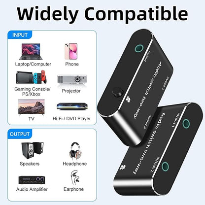Audio Switch 3.5mm Bi-Direction Switch,Stereo Audio Switcher 2 in 1/1 in 2 Out,A udio Swit ch Headphone Manual Selector Splitter for PC Phone Laptop Headphone(Black)
