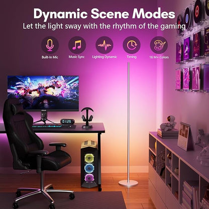 luckystyle Smart RGB Corner Floor Lamp,Bright LED Tall Modern Floor Lamp with APP and Remote,Ambient Lighting Color Changing Standing Lamps with Music Mode and Timing for Living Room,Bedroom Silver