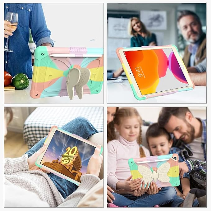 BLOSOMEET Pink Kids Case for iPad 9th/8th/7th Generation 2021/2020/2019 10.2 Inch with Tempered Glass Screen Protector & Butterfly Stand Cover for iPad 10.2 with Shoulder Strap Pencil Holder
