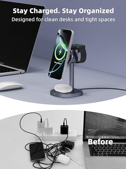 2025 New TRIBONE 3 in 1 Magsafe Wireless Charger Stand for iPhone 16 Charger, Qi2 Certified 15W Wireless Charger, Fast Cooling Charger Station for iPhone 16/15/14/13/12, for Apple Watch, AirPods
