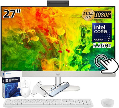 HP 27" All-in-One Touchscreen Desktop PC 2025 New, Intel Ultra 7 255U (Up to 5.2GHz), Intel AI Boost, 27 inch FHD Touchscreen Anti-Glare Display, 64 GB DDR5 5600MT/s, 2 TB Gen4 SSD, Windows 11 Pro