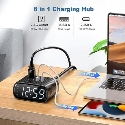 10PCS Alarm Clock with 2 USB-C, 2 USB-A Chargers Power Strip 2 Outlets - Screen LED Dimmable Digital Clock with Snooze Function - Dual Alarm for Bedside Nightstand