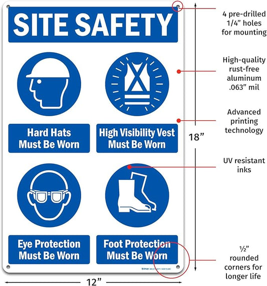 Brimar - 12" x 18" - Site Safety Mandatory PPE Sign - .063″ White Rust-Free Aluminum - Comprehensive Message - Easy Installation