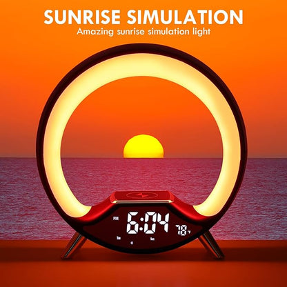 GuDoQi Sunrise Alarm Clock with Fast Wireless Charger Station and Bluetooth, Full Screen with Sunrise Simulation Light, Sleep Aid, Dual Alarms, FM Radio, 10 Colors Nightlight for Bedroom, Black