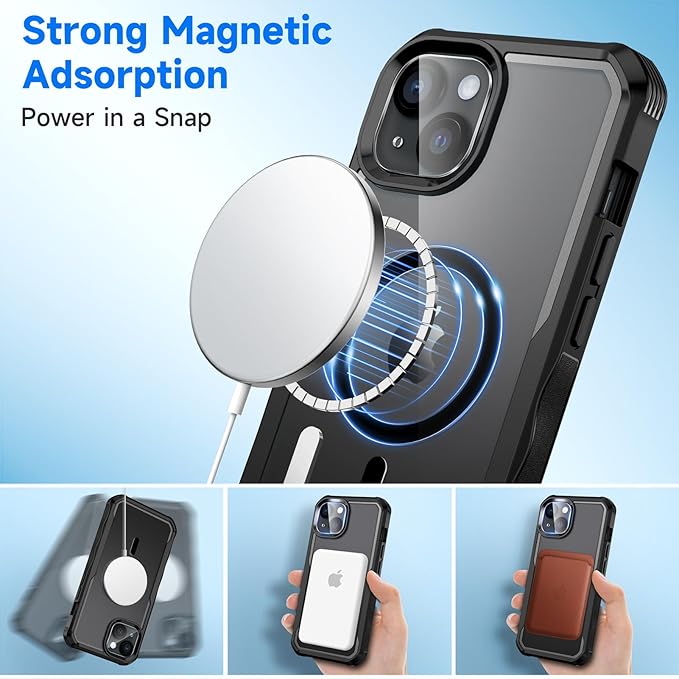 seacosmo for iPhone 15 Plus Case, Full Body Bumper with Built-in 9H Tempered Glass Privacy Screen Protector and Camera Lens Protector, Compatible with MagSafe, Shockproof Phone Cover, 6.7", Black