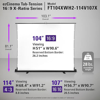 Elite Screens ezCinema Tab-Tension 16:9 X-Ratio Portable Projector Screen, Multi-Aspect Ratio, Manual Floor Rising Pull-Up Scissor-Lift Design + Carry Bag, Home Office Classroom- FT104XWH2-114V107X