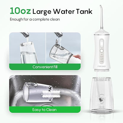 FRESKO Water Dental Flosser for Teeth, 300ML Flosser with Constant Pressure, Rechargeable Oral Irrigator Cleaner for Travel with 5 Jet Tips, IPX7 Waterproof