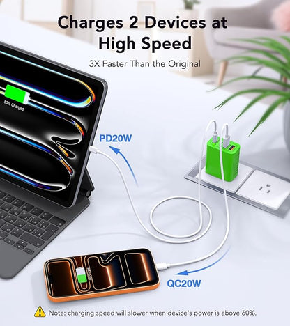 2 Pack USB C Charger, 40W Fast Charge Cube, 4-Port QC+PD Wall Plug,Multi-Port Type C Power Adapter for iPhone 17 16 15 14 13 12 Pro Max XS XR 8,Galaxy S24,Nexus,HTC,Google Pixel,and More(Green)