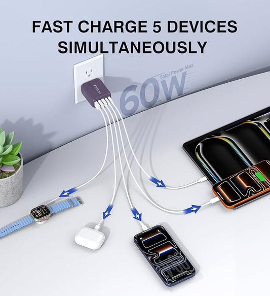 60W 2-Pack USB C Wall Charger Block, 5-Port C Charger Fast Charging Block PD Power Adapter +QC 3.0 Multiport Type C Box Brick Cube USB A Wall Plug for iPhone 14/15/16/17 Pro Max,Samsung Galaxy(Purple)