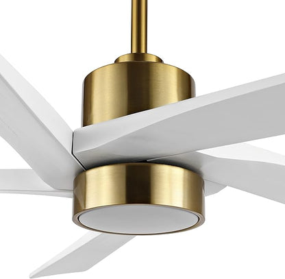 WINGBO 54 Inch DC Ceiling Fan with Lights and Remote Control, 5 Reversible Carved Wood Blades, 6-Speed DC Motor, Modern Ceiling Fan in Brass Finish with White Blades, ETL Listed