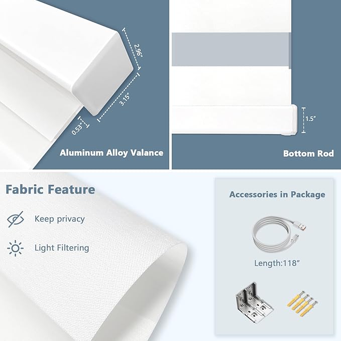 COOLWINDS Motorized Zebra Blinds for Windows Cordless Electric Curtains with Remote Control Blackout Shades Custom Smart Blinds Compatible with Alexa Google Home(Light Filtering White,W55 X 72in)