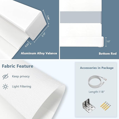COOLWINDS Motorized Zebra Blinds for Windows Cordless Electric Curtains with Remote Control Blackout Shades Custom Smart Blinds Compatible with Alexa Google Home(Light Filtering White,W55 X 72in)