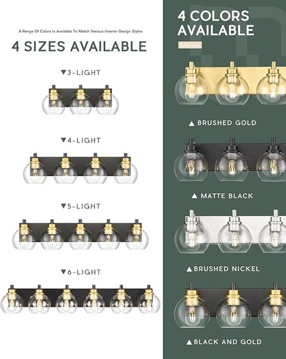 METWET Bathroom Light Fixtures, 6-Light Black and Gold Bathroom Vanity Light, 38 Inch Modern Wall Sconces with Globe Clear Glass Shade, Vanity Lighting Fixtures Over Mirror, VL195-KG-6