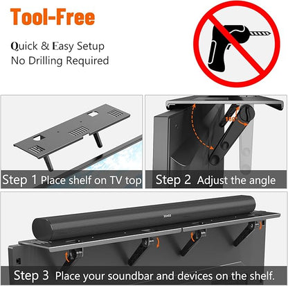 Soundbar Mount, No Drilling Steel TV Top Shelf Fits Most of Sound Bars Up to 15 Lbs, Universal Sound Bar TV Mount Bracket, Sound Bar Stand Compatible with Samsung, Sony, LG,Bose, 16.9x4.7inch