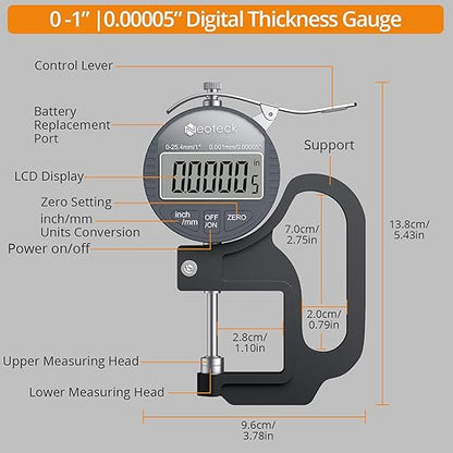 Neoteck Digital Thickness Gauge 1inch/25.4mm,0.00005inch/0.001mm LCD Display with Inch/MM Conversion One-Hand Quick Press Thickness Measuring Tool for Leather Paper Fabric Film etc.-Silver-Grey