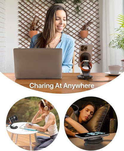 EXW Travel Charging Station for Magsafe Charger,Wireless Charging Station for Apple Multiple Devices,Magnetic Foldable Charger for iPhone 16-12 Series for Apple Watch & AirPods(30W Charger Included)