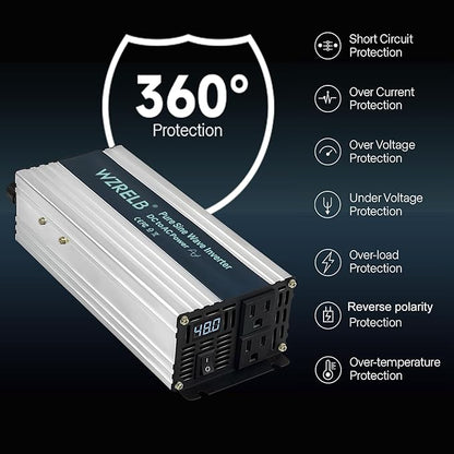 WZRELB 1000W Pure Sine Wave Inverter 48V DC to 110V 120V AC Power Converter with LED Display, Off-Grid Portable Power Inverter with 2 AC Outlets for Home, RV, Truck, Camping