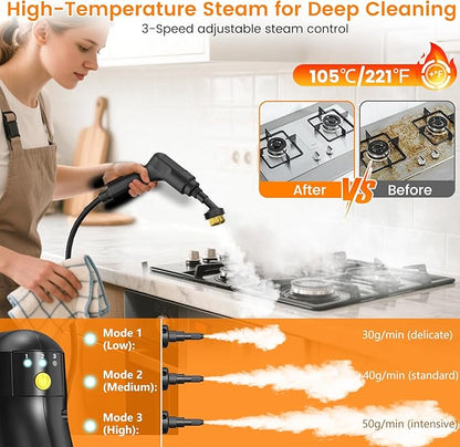 Pressurized Steam Cleaner, 3-Level Adjustable Handheld Steamer Cleaning for Home, 15s Fast Heat-Up & 47.3oz Tank, 2500W Multi-Surface Portable Steamer for Floor/Grout/Car/Kitchen & Bathroom