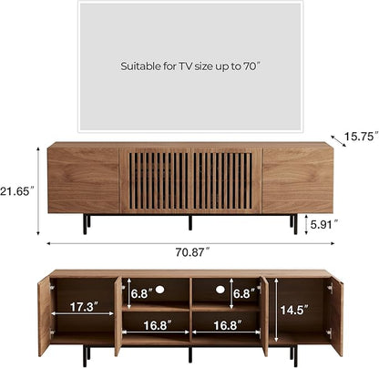 Pajiasen 70.87″ Mid Century Modern Walnut TV Stand with Grille Doors, Storage Cabinets,Entertainment Center for TVs Up to 80",Media Console for Living Room or Bedroom