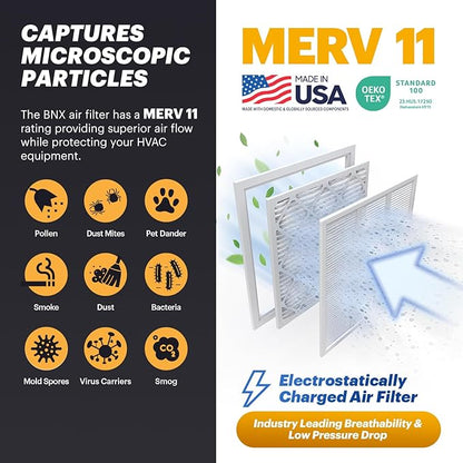 BNX TruFilter 16x16x1 Air Filter MERV 11 (6-Pack) - MADE IN USA - Allergen Defense Electrostatic Pleated Air Conditioner HVAC AC Furnace Filters for Allergies, Dust, Pet, Smoke, Allergy MPR 1200 FPR 7
