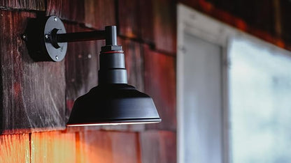Steel Lighting Co. Hawthorne Barn Light | Outdoor Wall Mounted | 8 inch Dome | 6 inch Straight Arm| Small Farmhouse Light Made in America | Matte Black Exterior/Brass Interior