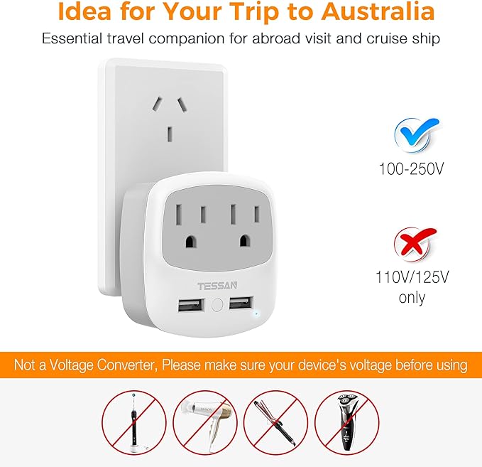 TESSAN New Zealand Australia Plug Adapter, Type I Travel Adaptor with 2 USB Ports 2 American Outlets, US to Australian AU Fiji Argentina China Charger Power Converter