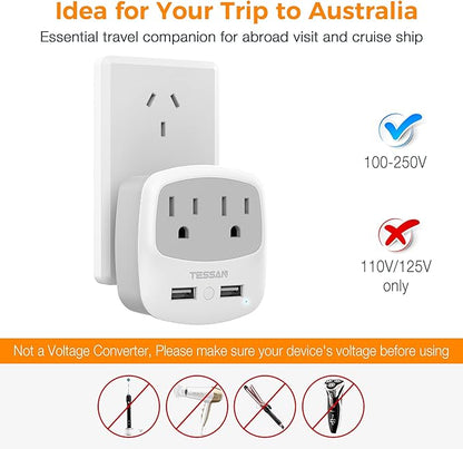 TESSAN New Zealand Australia Plug Adapter, Type I Travel Adaptor with 2 USB Ports 2 American Outlets, US to Australian AU Fiji Argentina China Charger Power Converter