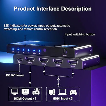 JCHICI HDMI Switch 3 in 1 Out, 4K@60Hz Switcher Splitter, Auto-Switching HDMI 2.0 Switcher with Remote, HDCP 2.2/HDR/3D, Works with PS5/PS4/Switch/Xbox/PC