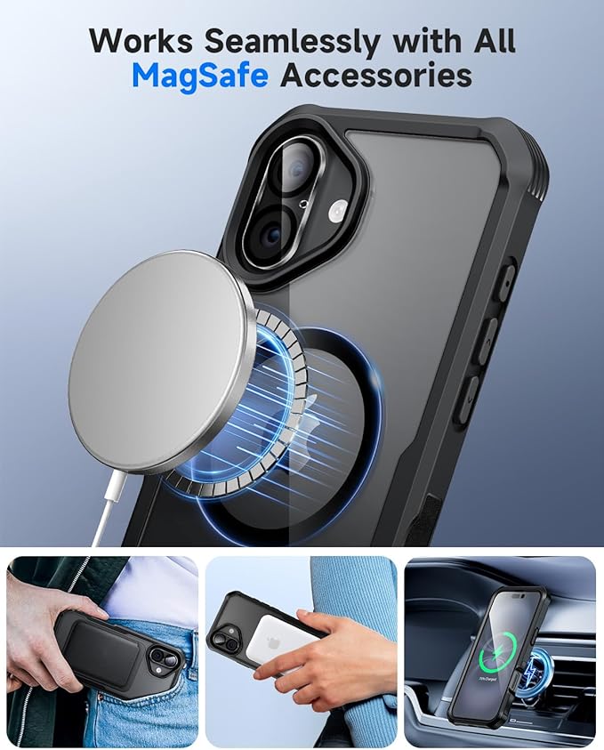 seacosmo for iPhone 16 Plus Case, Full Body Bumper with Built-in 9H Tempered Glass Privacy Screen Protector and Camera Lens Protector, Compatible with MagSafe, Shockproof Phone Cover, 6.7", Black