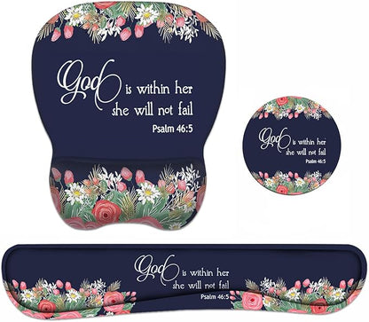 Ergonomic Mouse Pad Wrist Support and Keyboard Wrist Rest Set with Coasters, Non-Slip PU Base, Easy Typing & Pain Relief, Perfect for Home Office Working Studying, Floral Quote Bible Verse Psalm 46:5