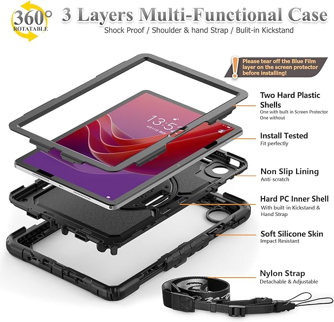 SEYMAC stock Tablet Case for Lenovo Tab M11 (TB-330FU/TB-330XU) 11 inch Drop-Proof Protection Cover with 360° Rotate Stand & Strap [Pen Holder] & Screen Protector/K11/Xiaoxin Pad 2024, Black